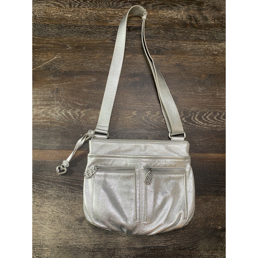 Brighton Metallic Silver Leather Messenger Crossbody shoulder bag pockets Y2K